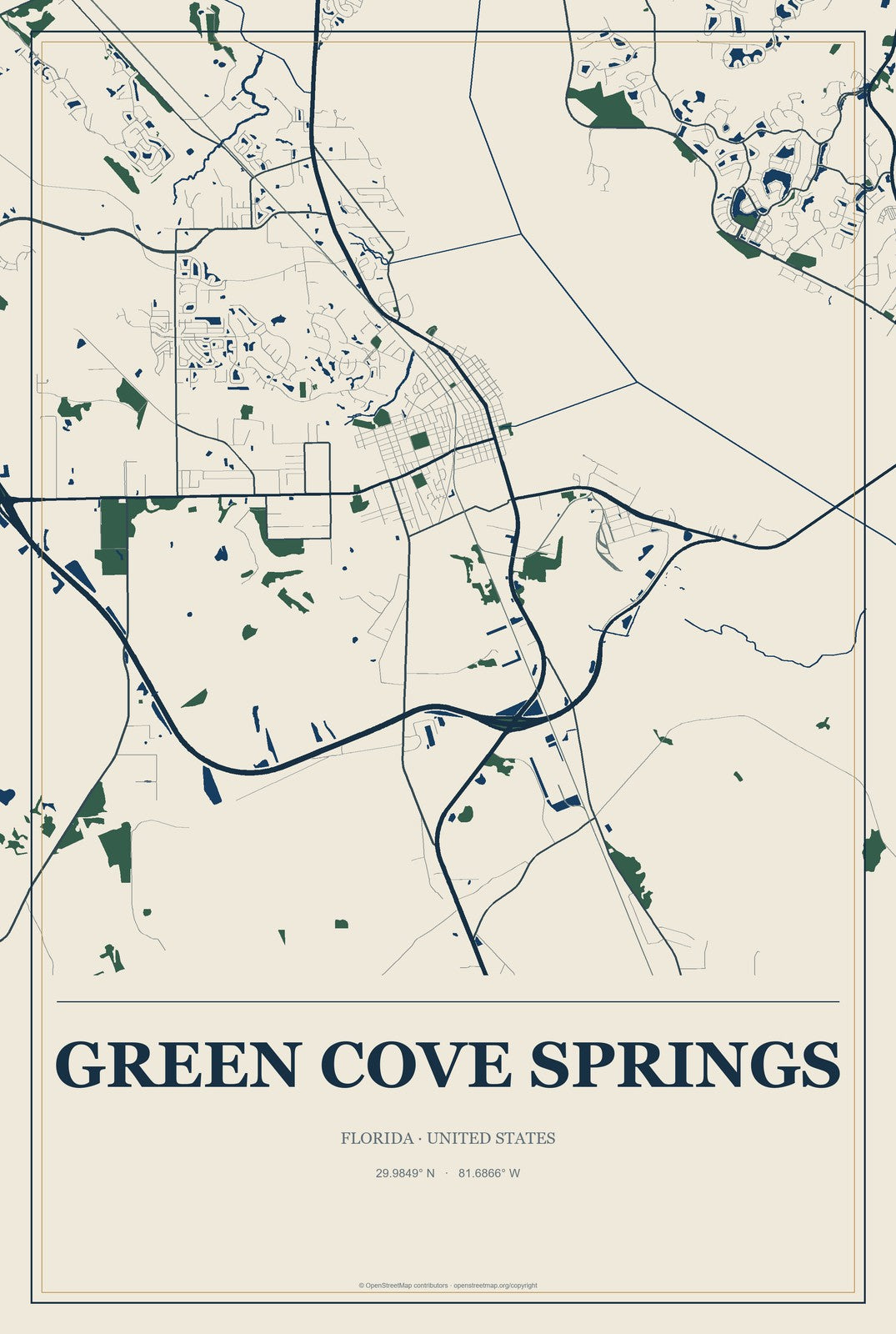 Green Cove Springs, Florida City Map Aluminum Sign in Coastal Cutout style