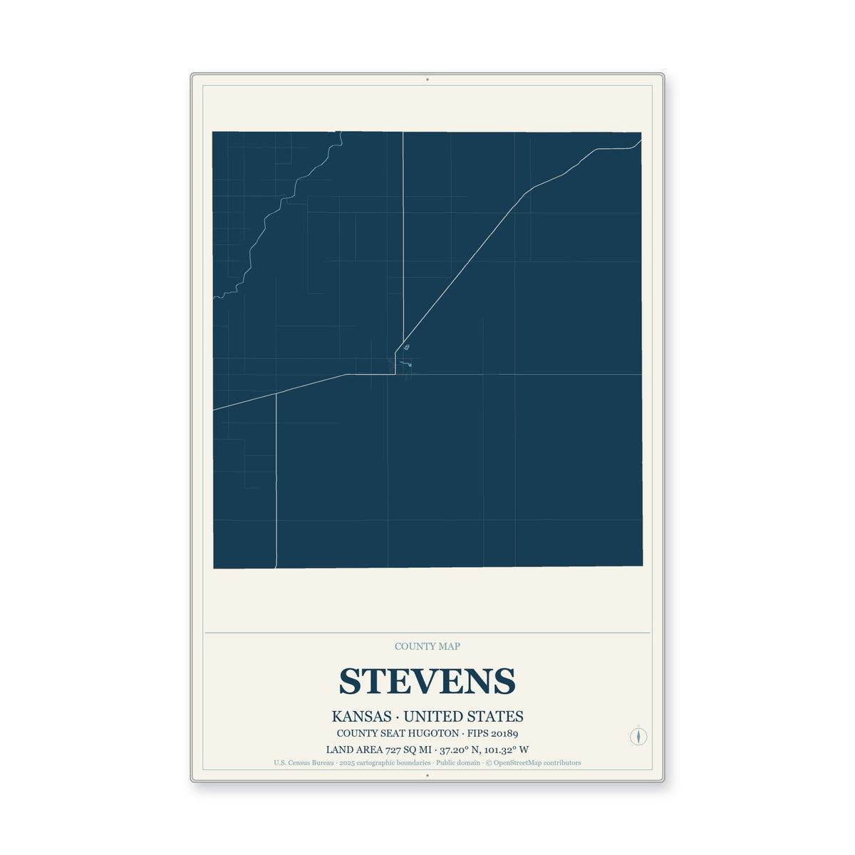 Stevens County, Kansas Map Aluminum Sign in Coastal Cutout style