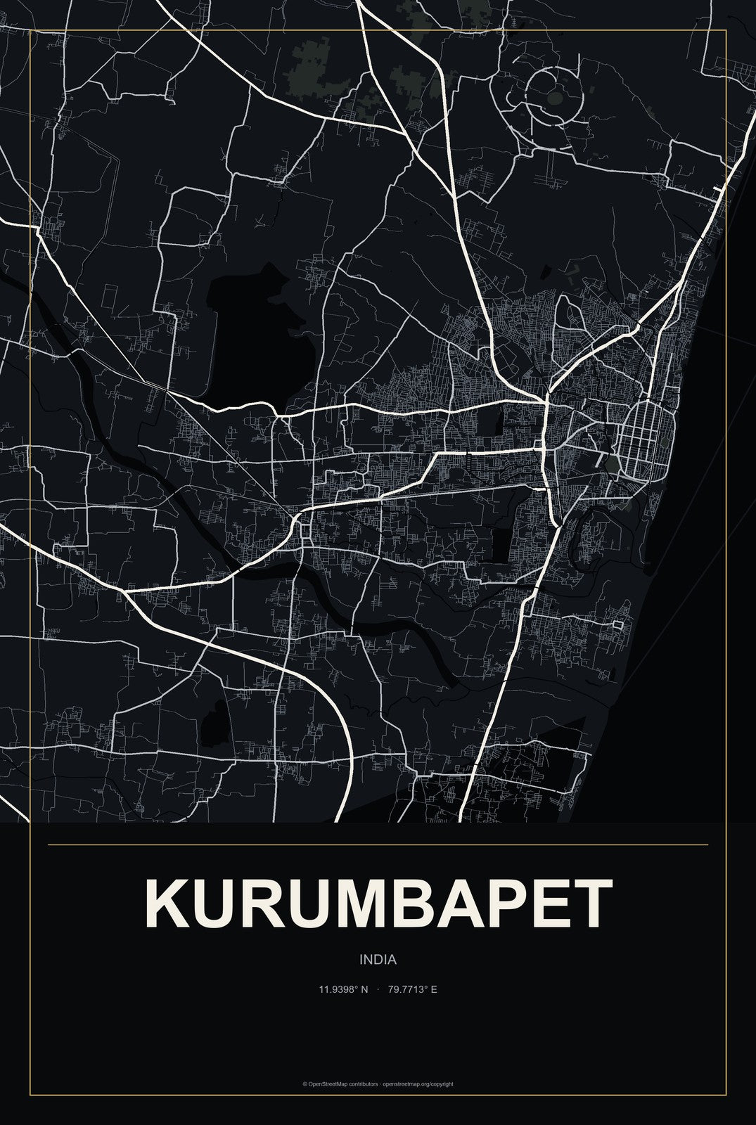 Kurumbapet, India City Map Aluminum Sign in Metropolitan Noir style
