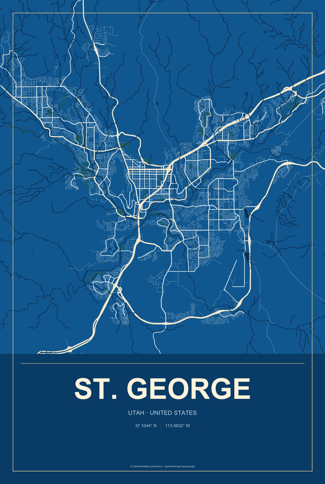 St. George, Utah City Map Aluminum Sign in Harbor Cobalt style