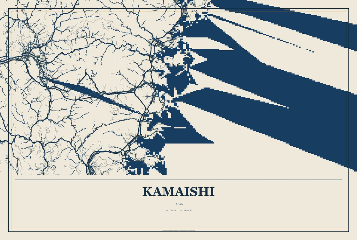 Kamaishi, Japan City Map Aluminum Sign in Coastal Cutout style
