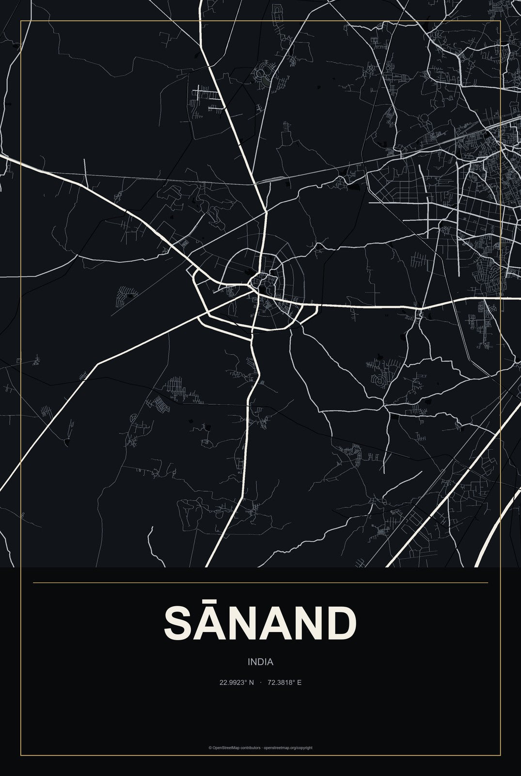 Sānand, India City Map Aluminum Sign in Metropolitan Noir style