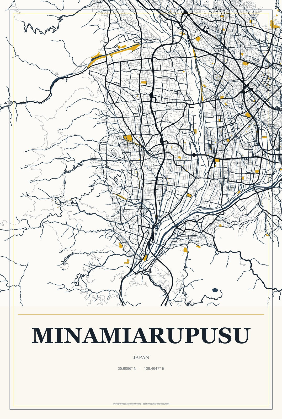 Minamiarupusu, Japan City Map Aluminum Sign in Citrine Modern style