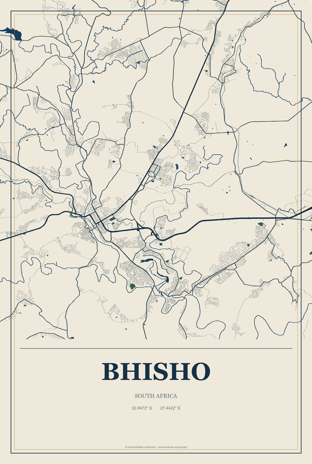 Bhisho, South Africa City Map Aluminum Sign in Coastal Cutout style