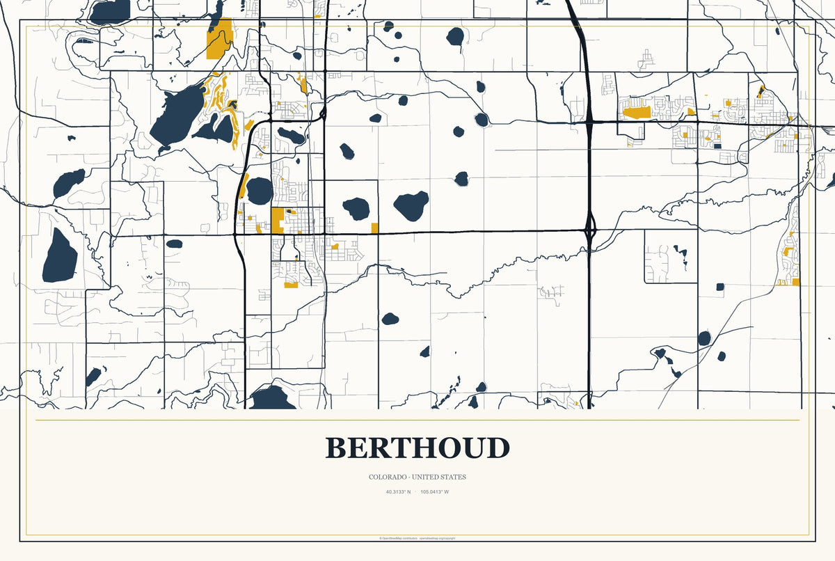 Berthoud, Colorado City Map Aluminum Sign in Citrine Modern style