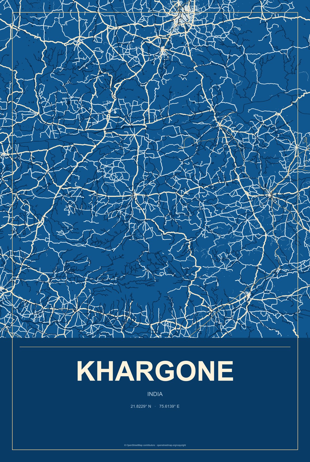 Khargone, India City Map Aluminum Sign in Harbor Cobalt style