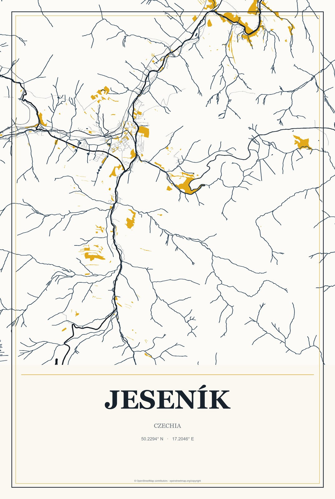 Jeseník, Czechia City Map Aluminum Sign in Citrine Modern style