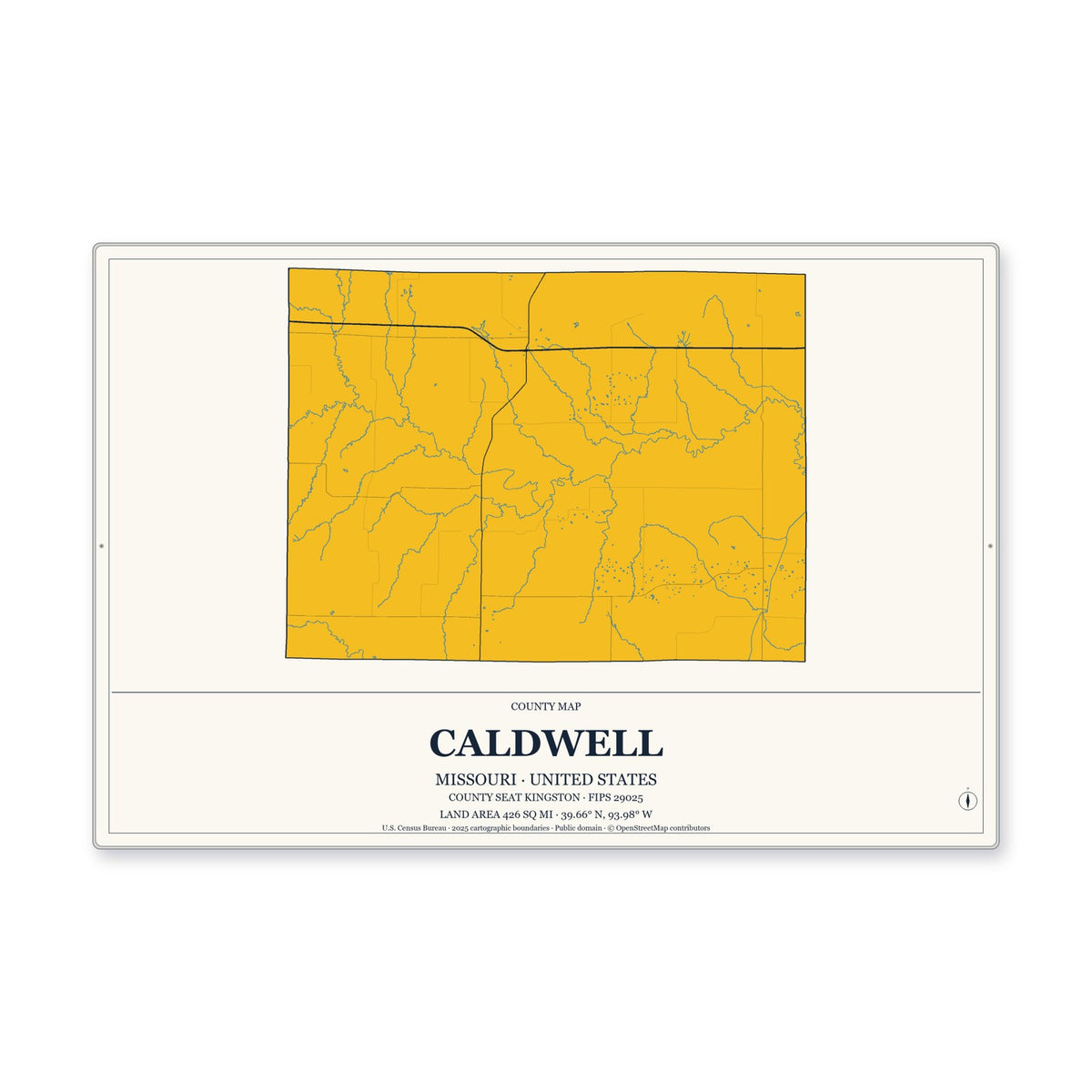 Caldwell County, Missouri Map Aluminum Sign in Citrine Modern style