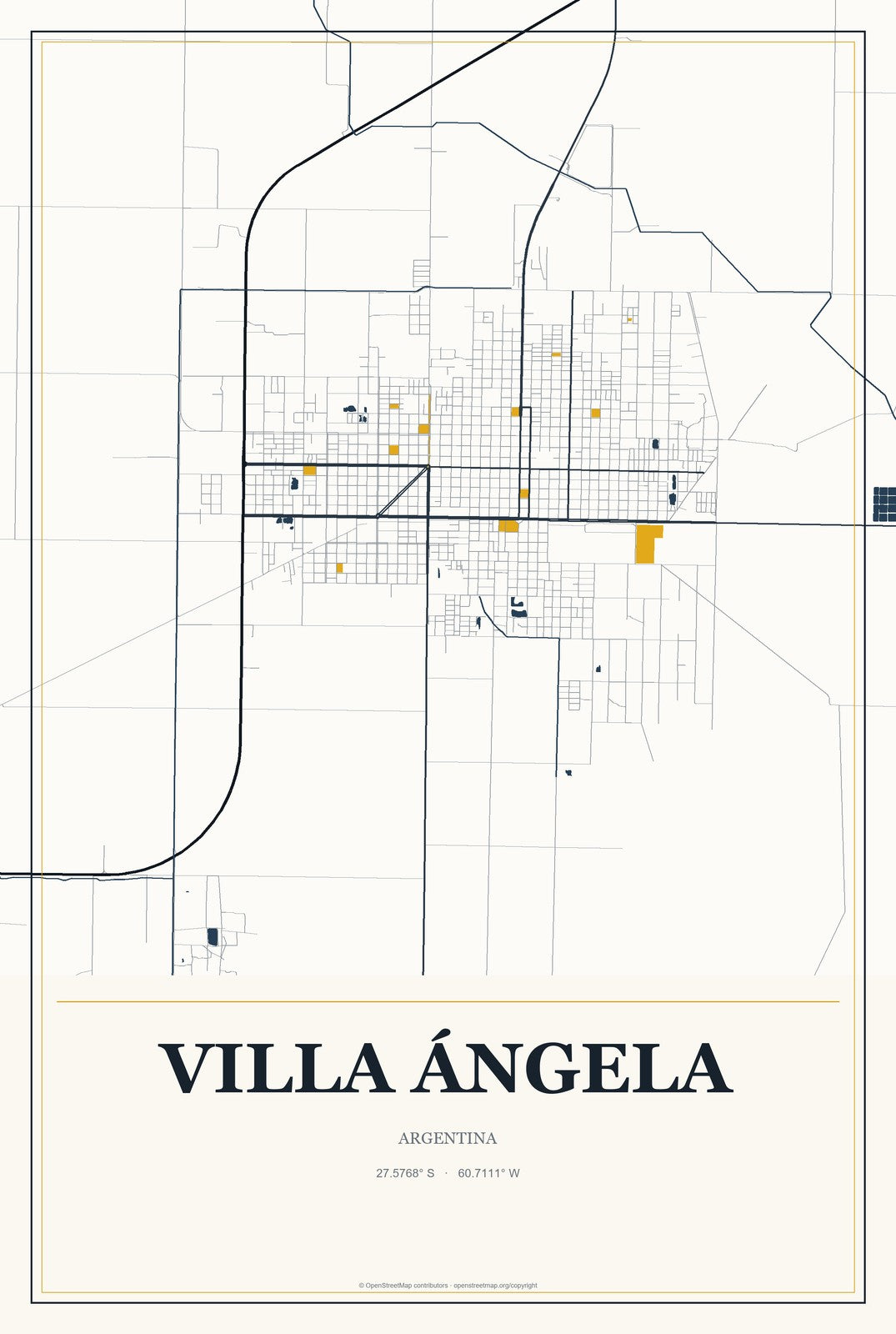 Villa Ángela, Argentina City Map Aluminum Sign in Citrine Modern style