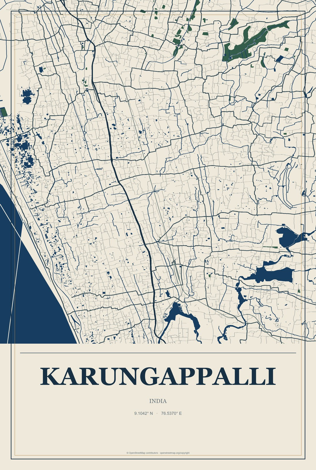 Karungappalli, India City Map Aluminum Sign in Coastal Cutout style