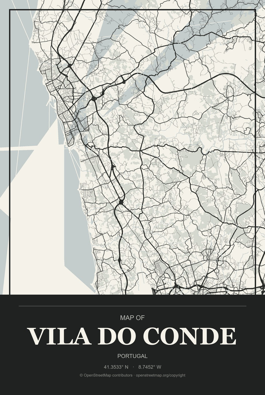 Vila do Conde, Portugal City Map Aluminum Sign in Museum Plaque style