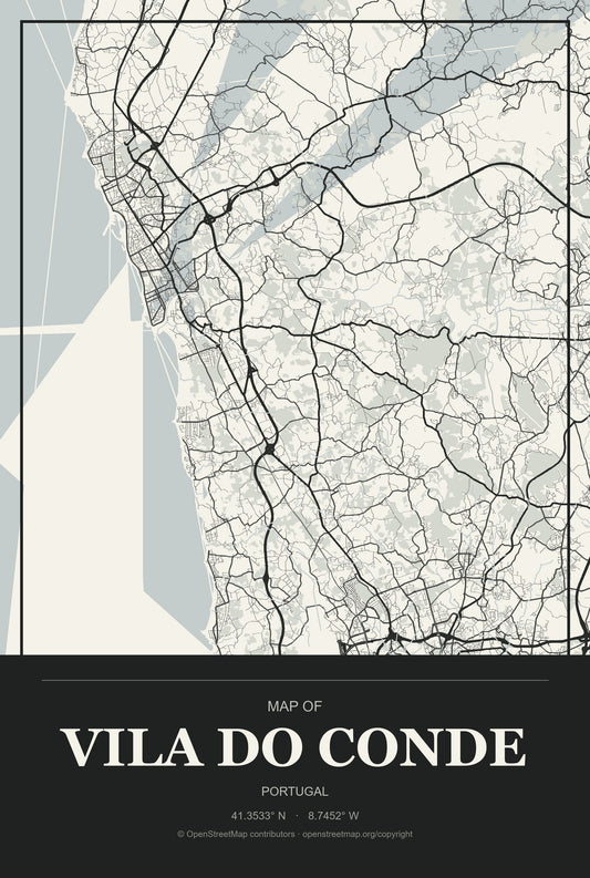 Vila do Conde, Portugal City Map Aluminum Sign in Museum Plaque style