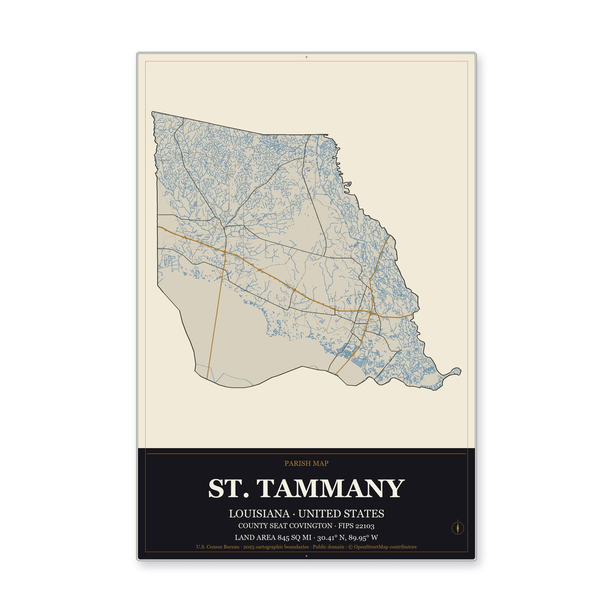 St. Tammany Parish, Louisiana Map Aluminum Sign in Museum Plaque style