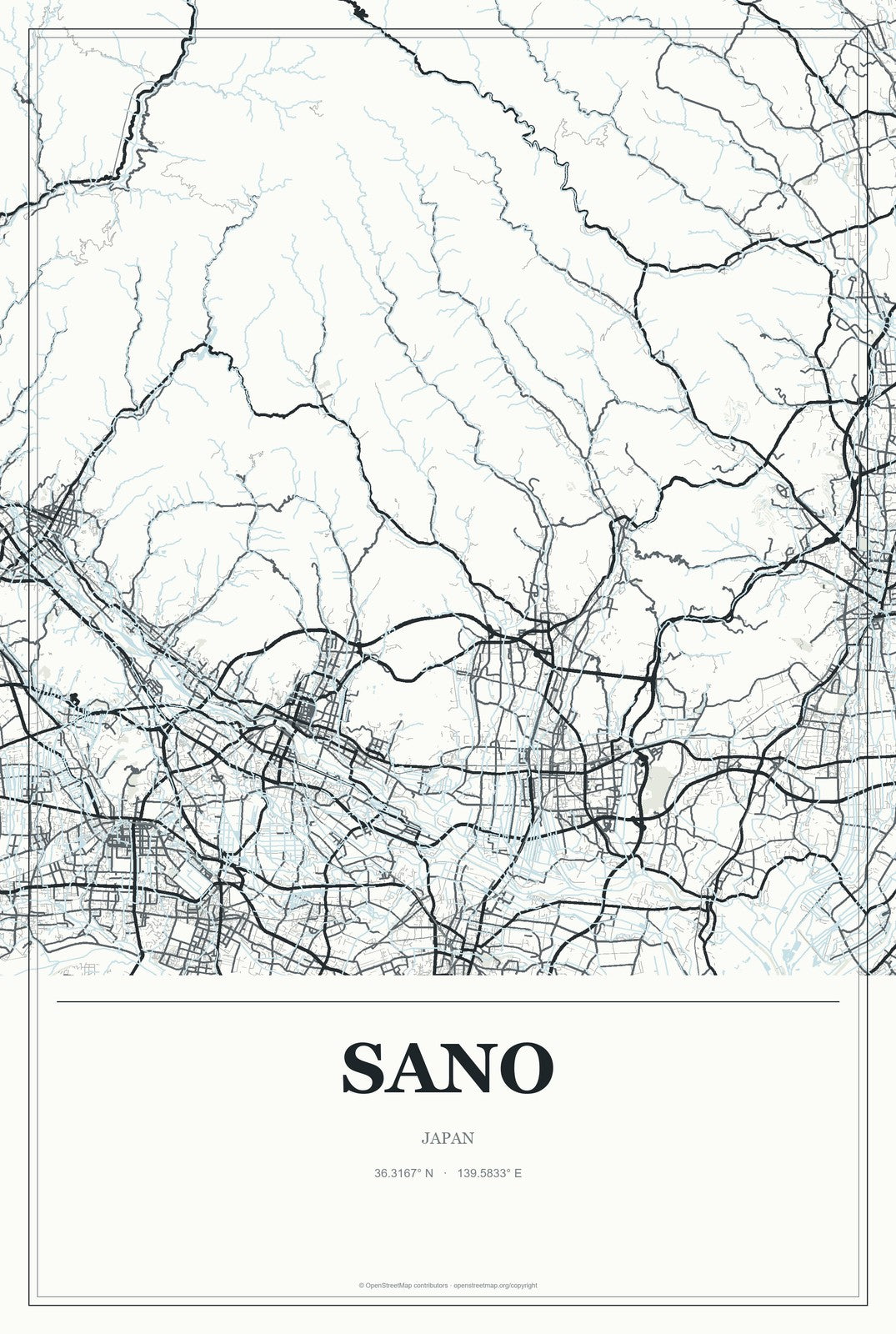 Sano, Japan City Map Aluminum Sign in Gallery Air style