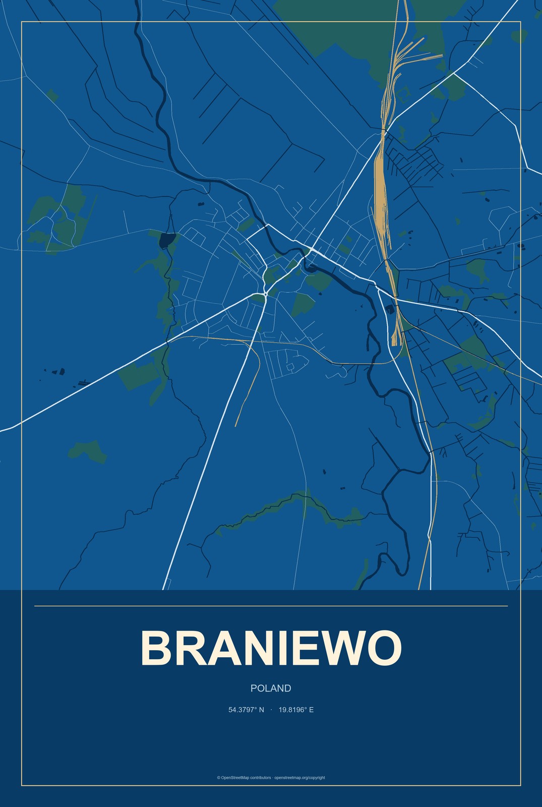 Braniewo, Poland City Map Aluminum Sign in Harbor Cobalt style