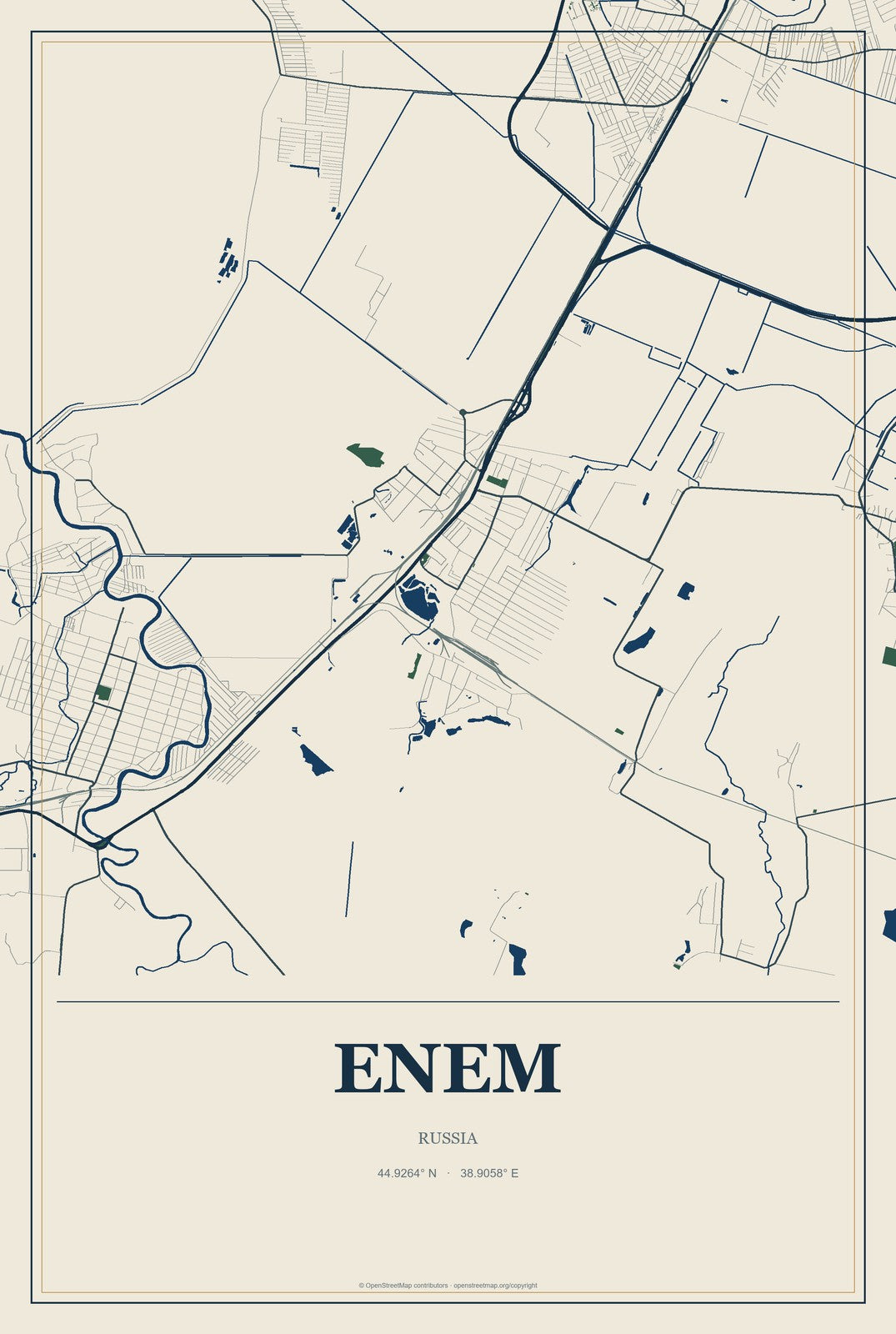 Enem, Russia City Map Aluminum Sign in Coastal Cutout style