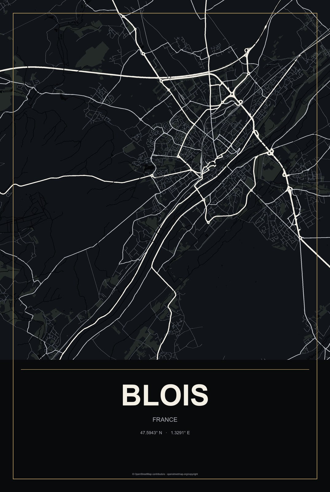 Blois, France City Map Aluminum Sign in Metropolitan Noir style