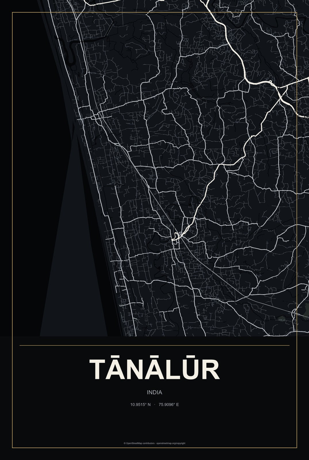 Tānālūr, India City Map Aluminum Sign in Metropolitan Noir style