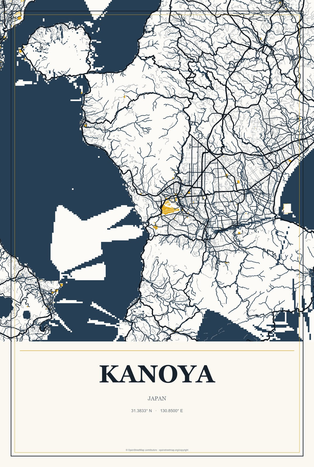 Kanoya, Japan City Map Aluminum Sign in Citrine Modern style