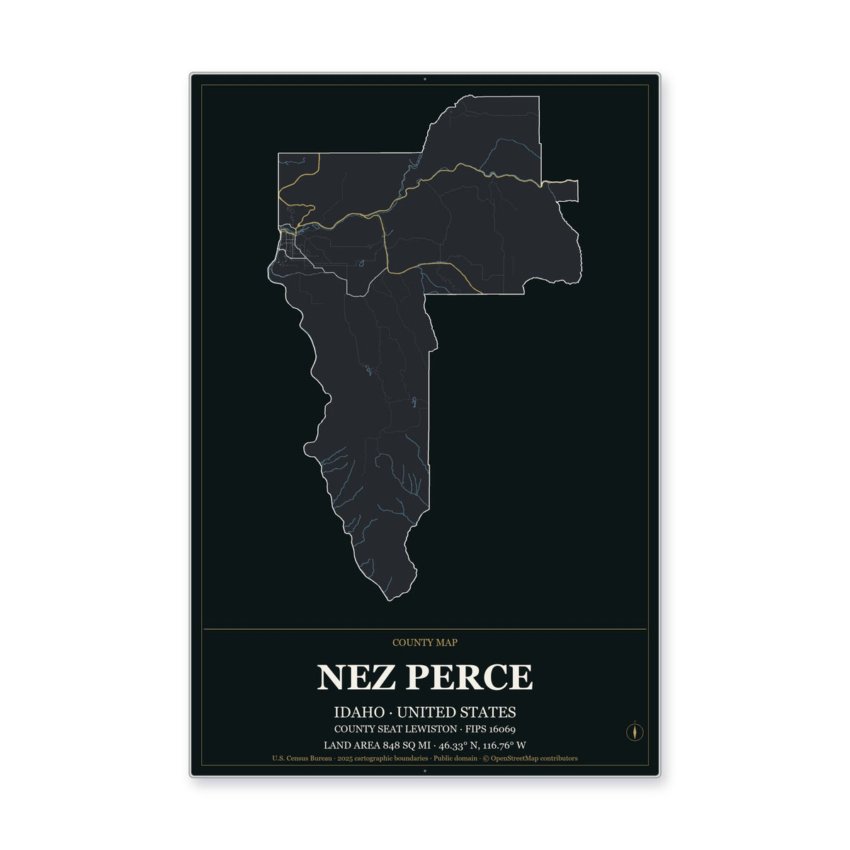 Nez Perce County, Idaho Map Aluminum Sign in Metropolitan Noir style