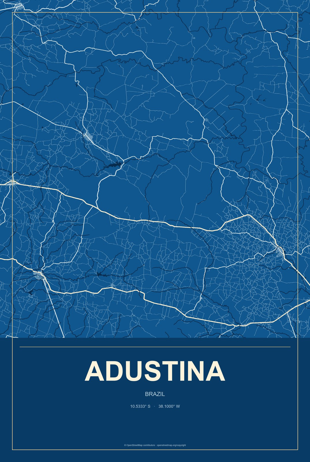 Adustina, Brazil City Map Aluminum Sign in Harbor Cobalt style