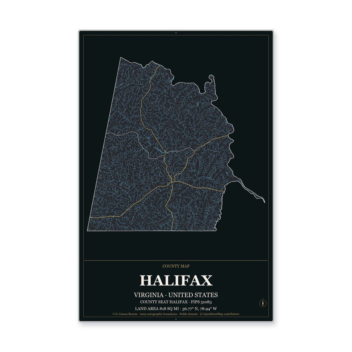 Halifax County, Virginia Map Aluminum Sign in Metropolitan Noir style