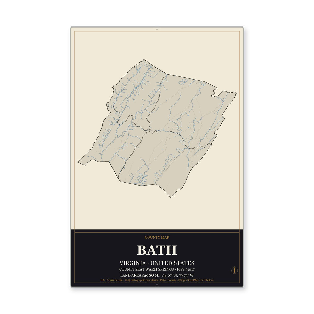 Bath County, Virginia Map Aluminum Sign in Museum Plaque style