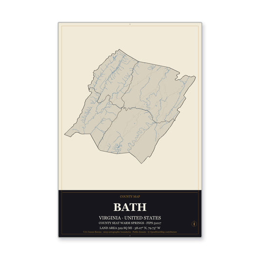 Bath County, Virginia Map Aluminum Sign in Museum Plaque style