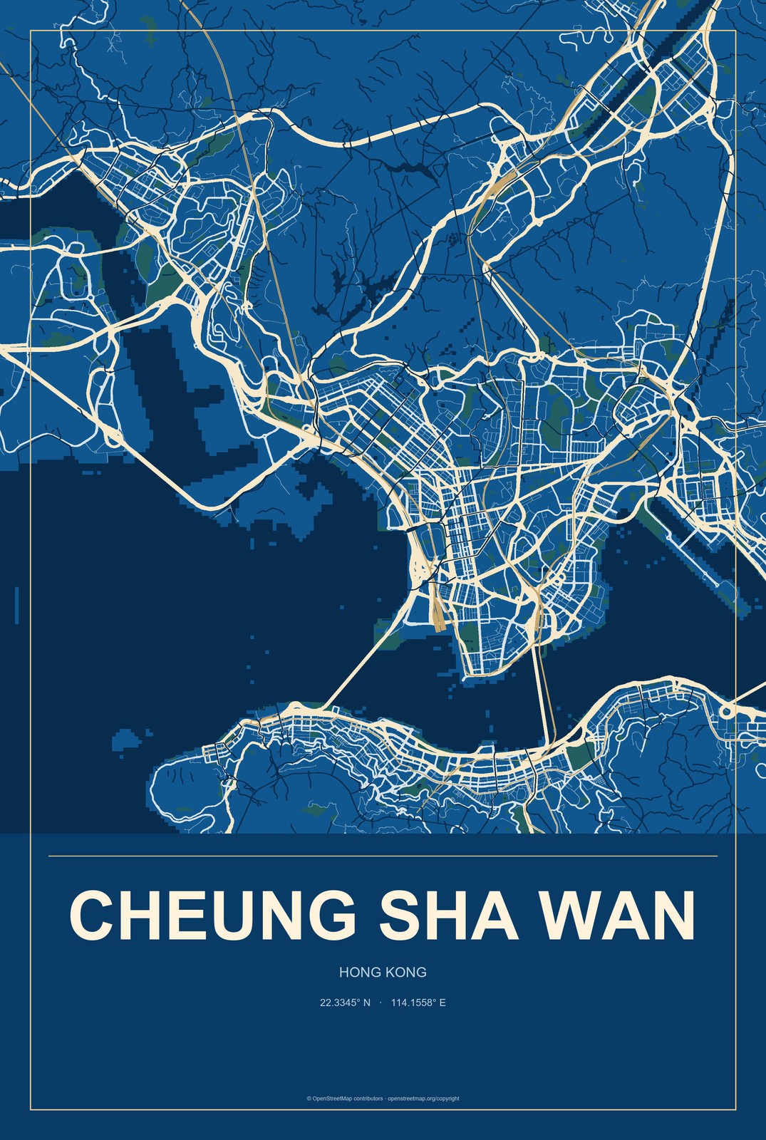 Cheung Sha Wan, Hong Kong City Map Aluminum Sign in Harbor Cobalt style