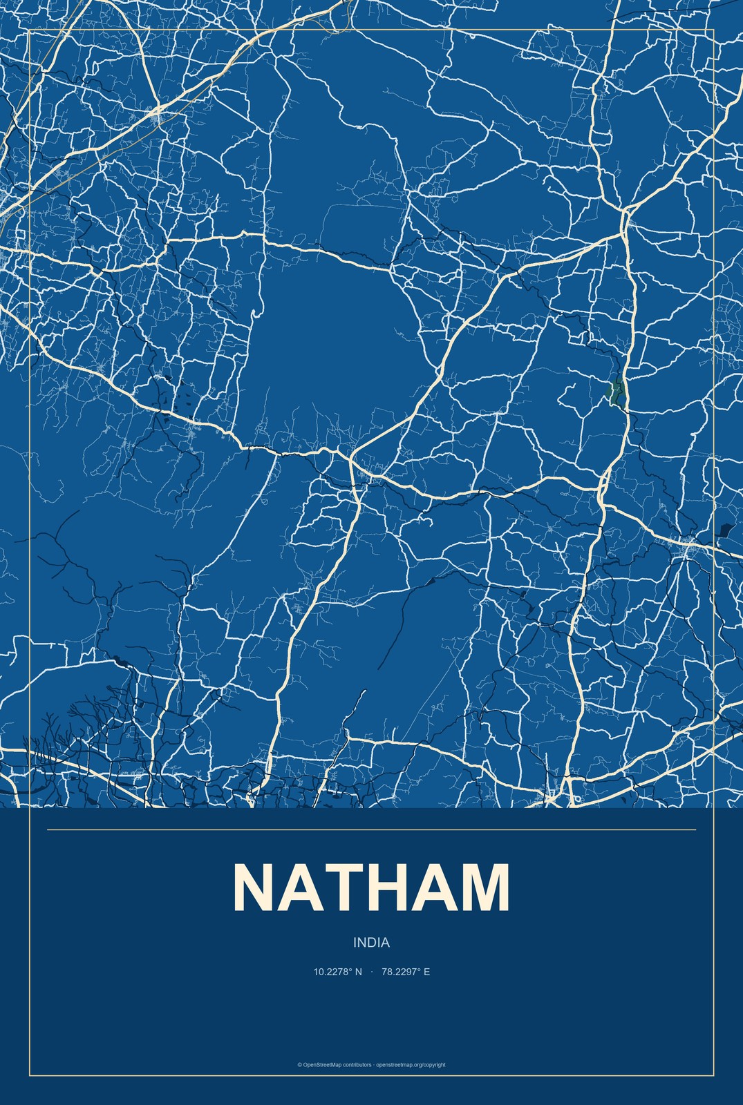 Natham, India City Map Aluminum Sign in Harbor Cobalt style