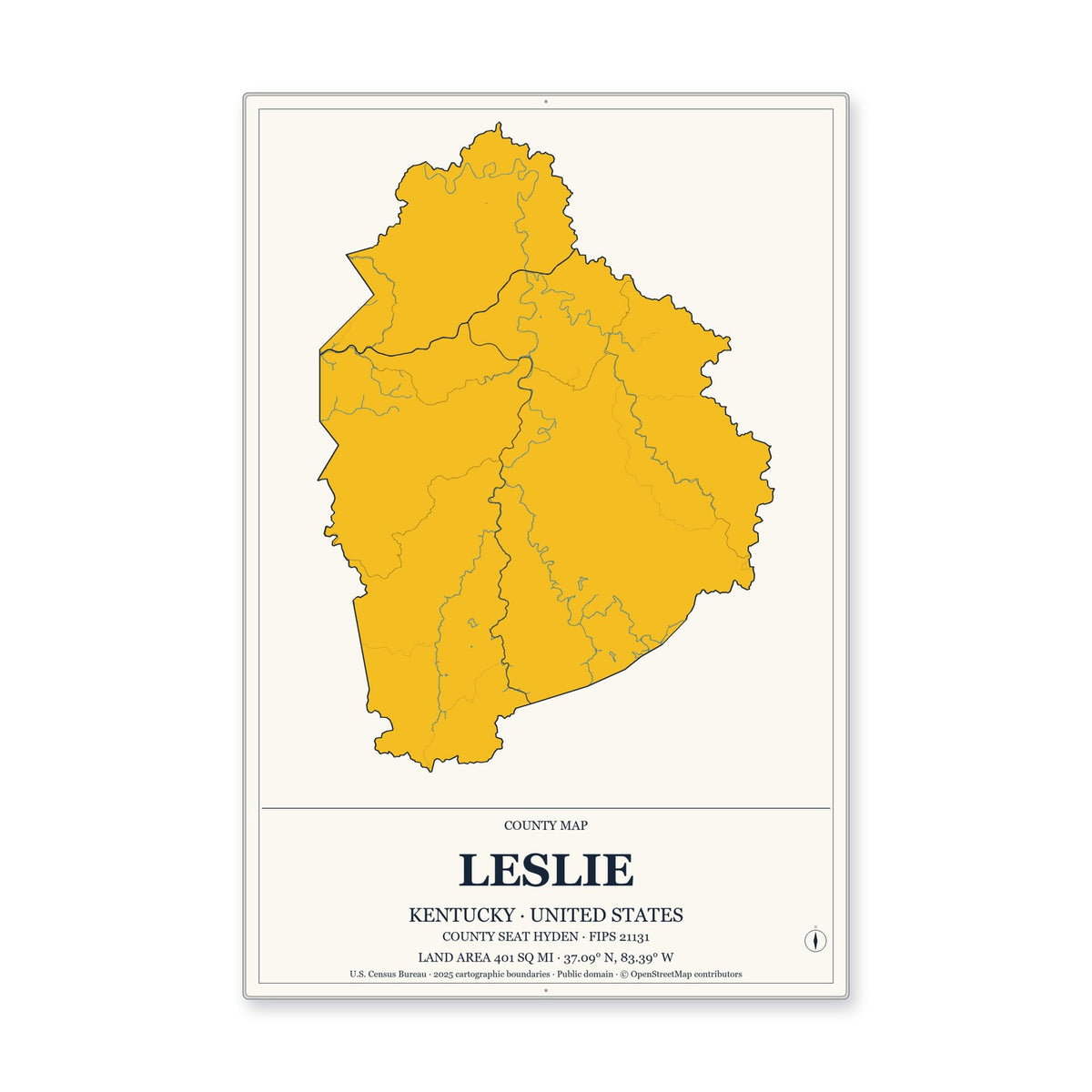 Leslie County, Kentucky Map Aluminum Sign in Citrine Modern style