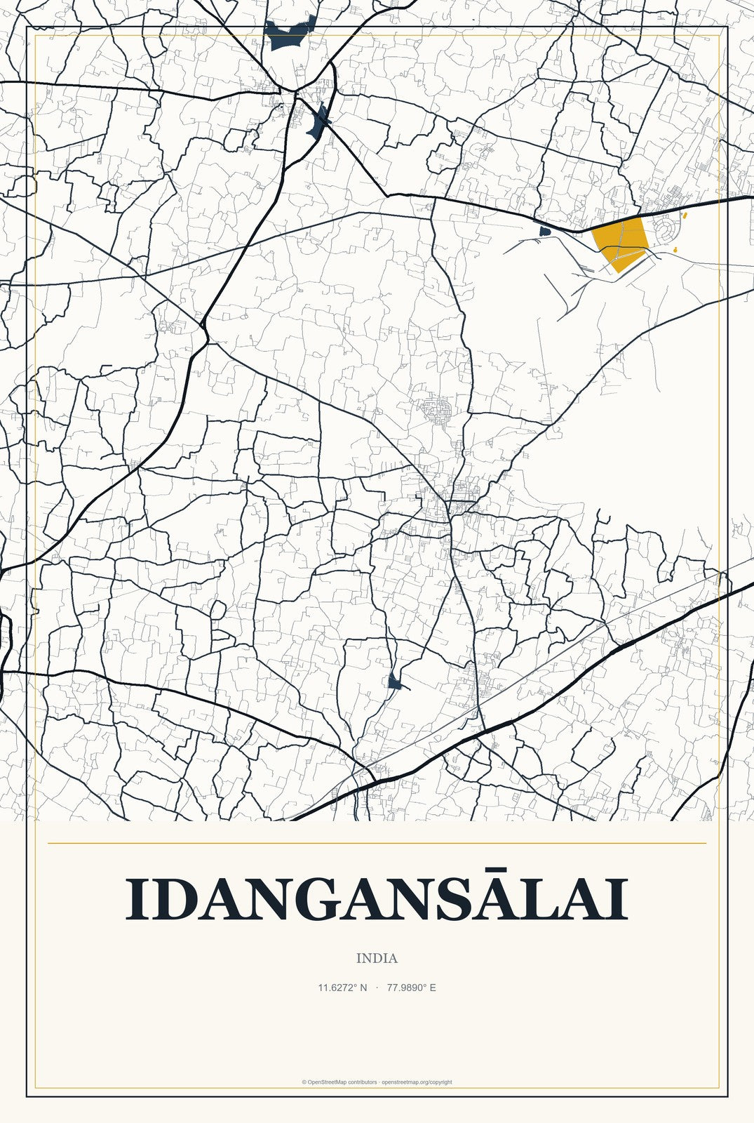 Idangansālai, India City Map Aluminum Sign in Citrine Modern style