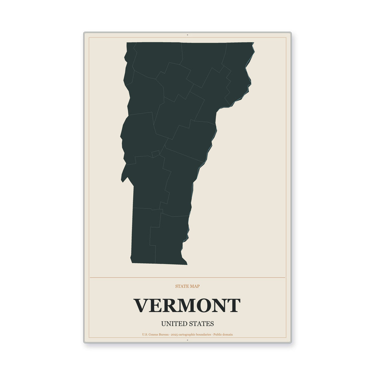 Vermont state map aluminum sign in Headline Atlas style