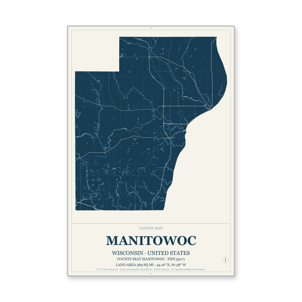 Manitowoc County, Wisconsin Map Aluminum Sign in Coastal Cutout style