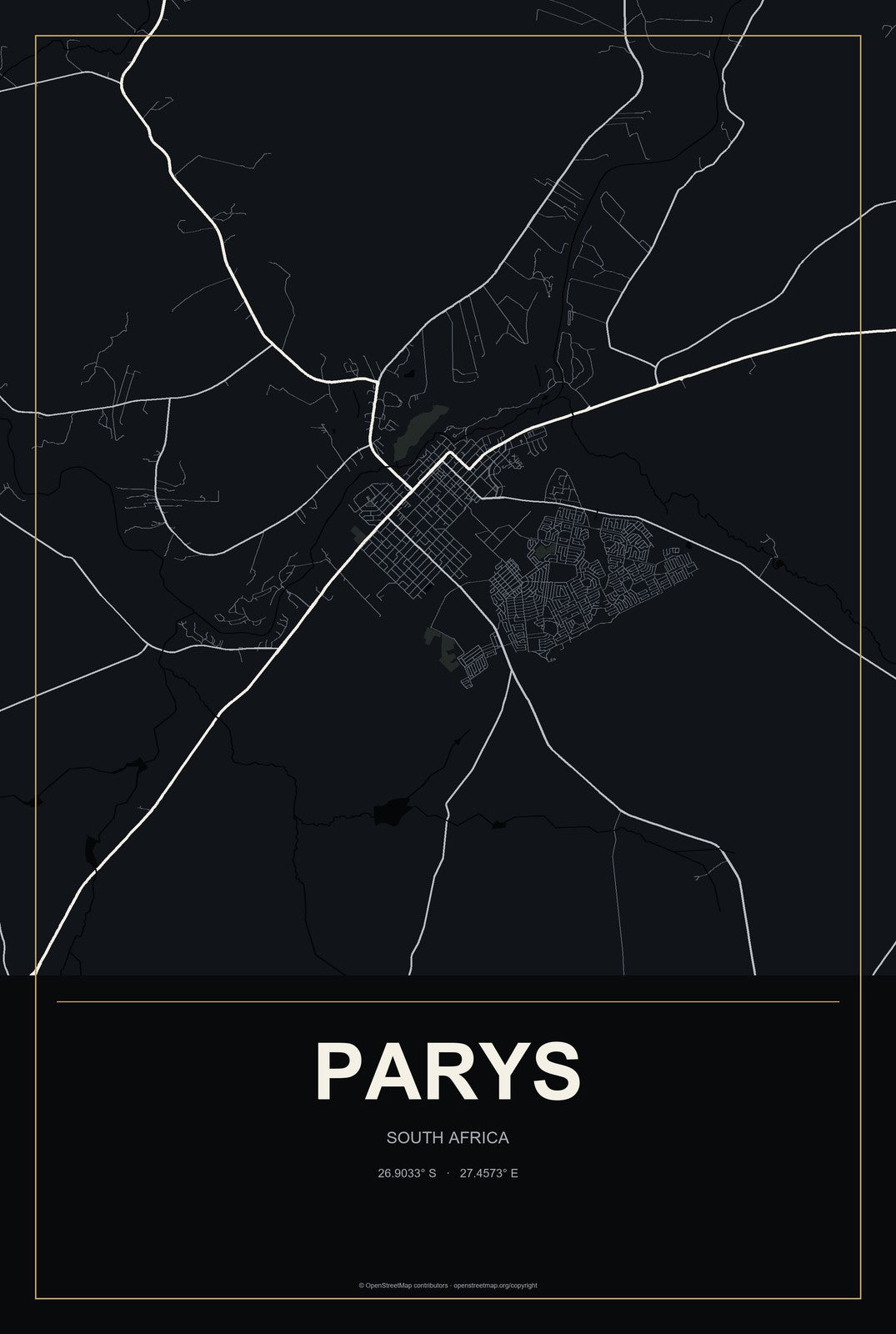 Parys, South Africa City Map Aluminum Sign in Metropolitan Noir style