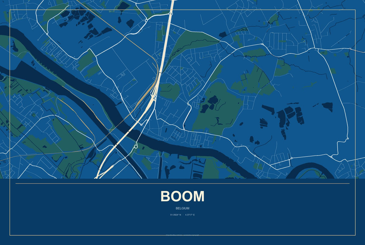 Boom, Belgium City Map Aluminum Sign in Harbor Cobalt style