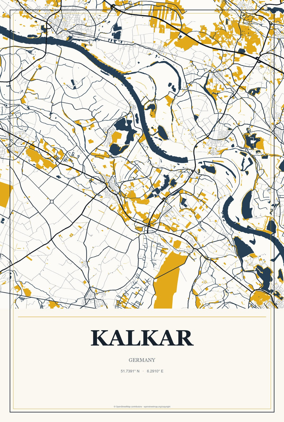 Kalkar, Germany City Map Aluminum Sign in Citrine Modern style