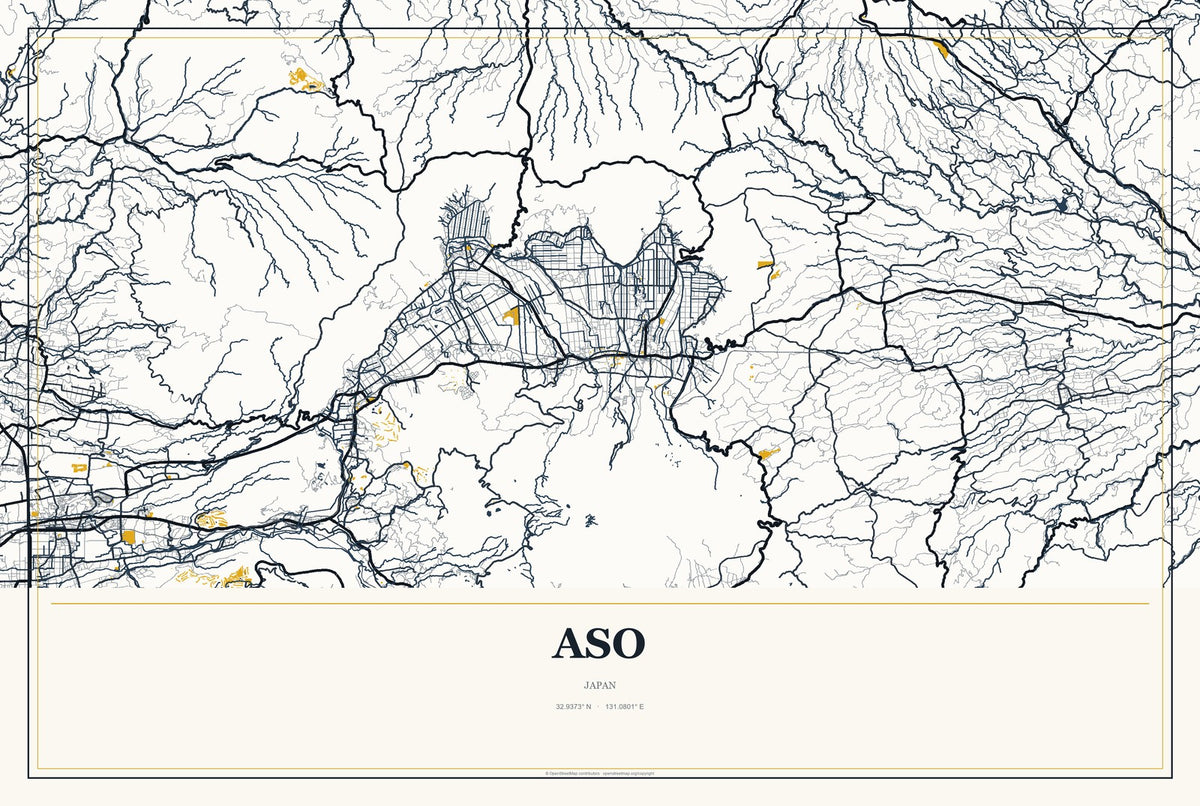 Aso, Japan City Map Aluminum Sign in Citrine Modern style