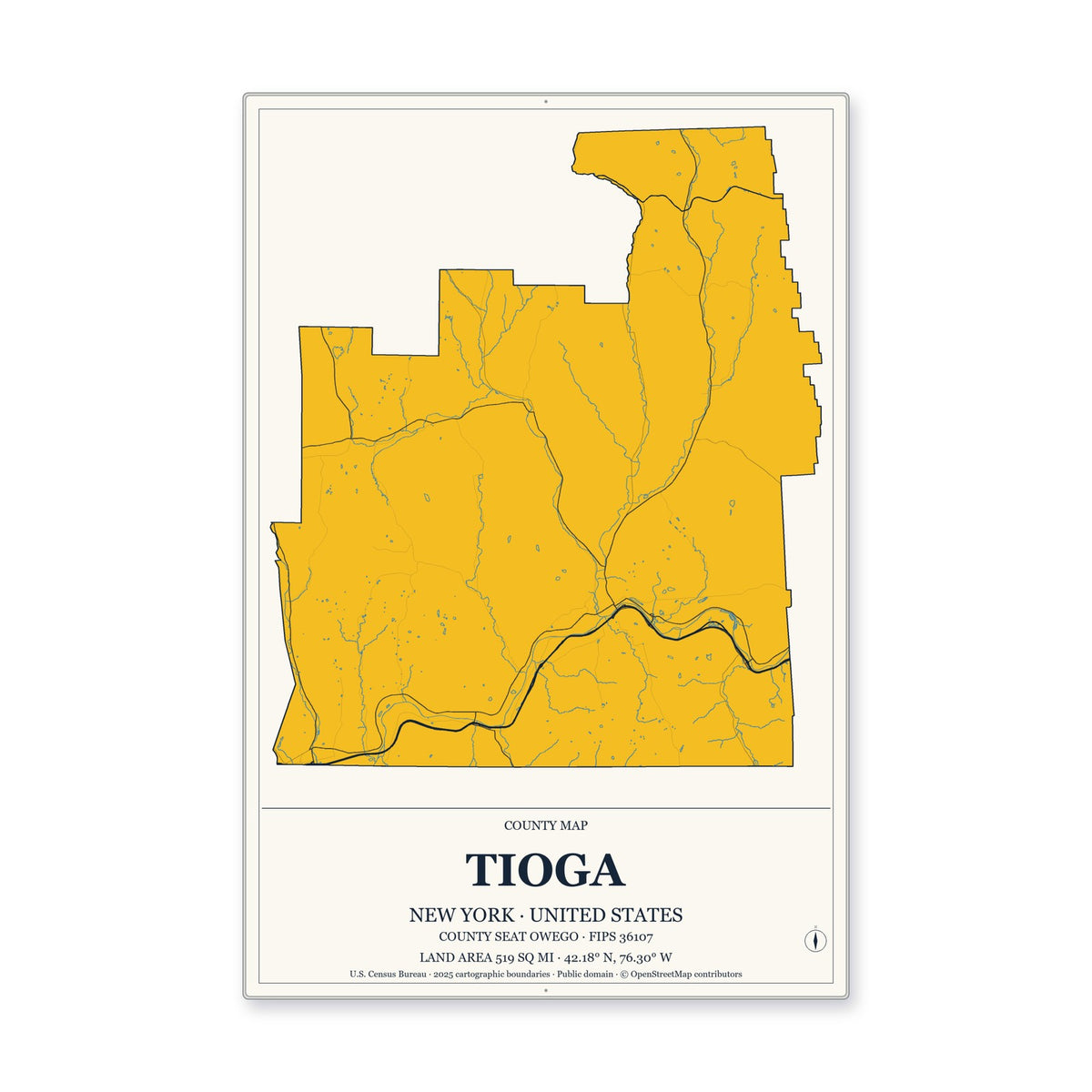 Tioga County, New York Map Aluminum Sign in Citrine Modern style