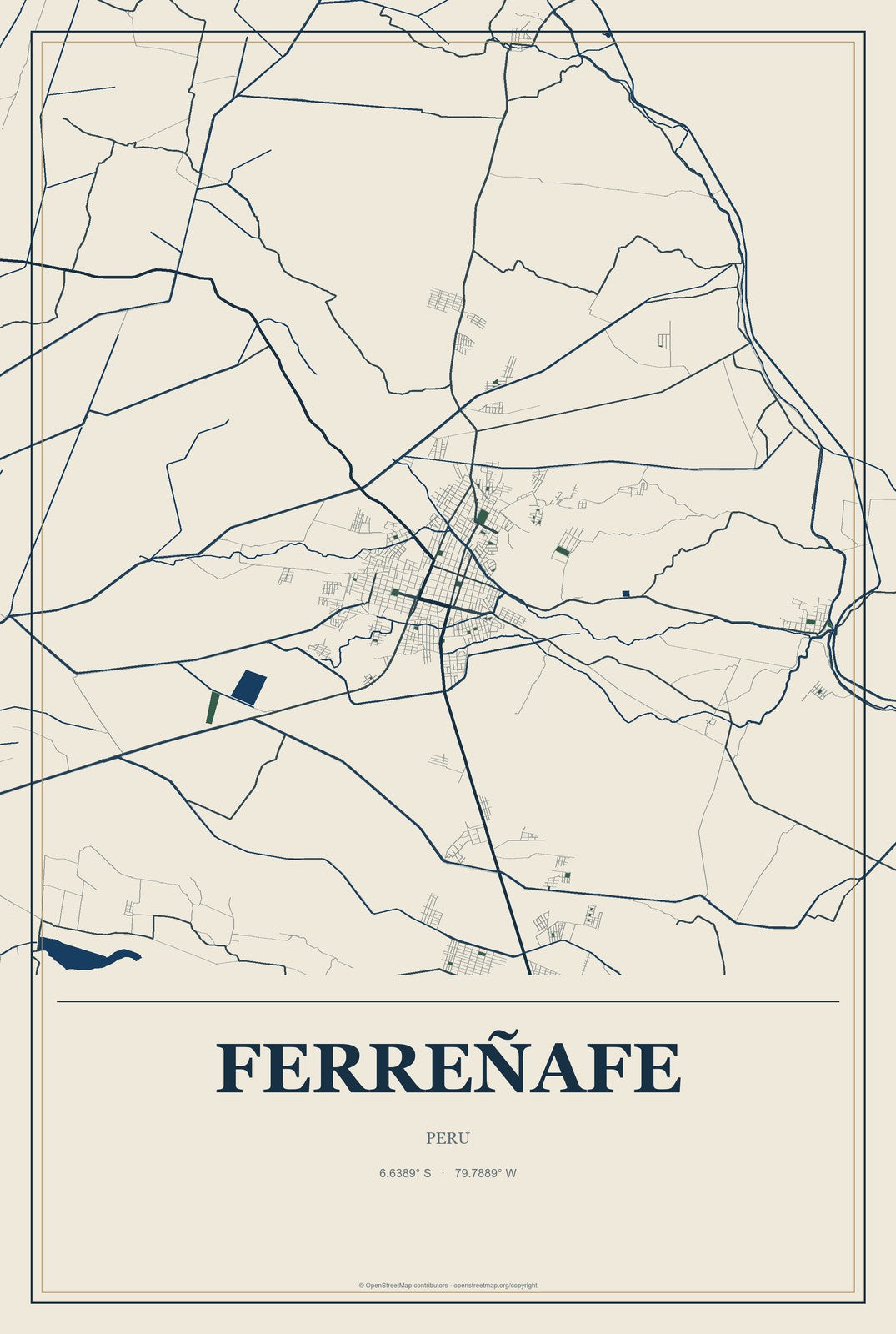 Ferreñafe, Peru City Map Aluminum Sign in Coastal Cutout style