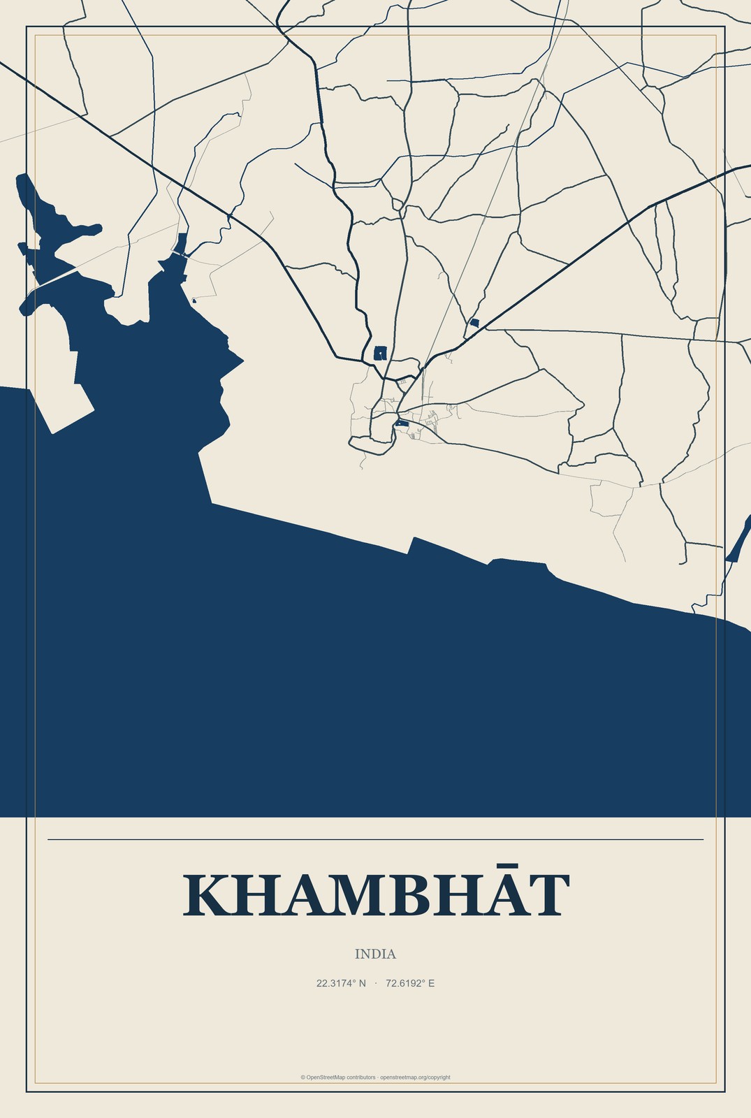 Khambhāt, India City Map Aluminum Sign in Coastal Cutout style