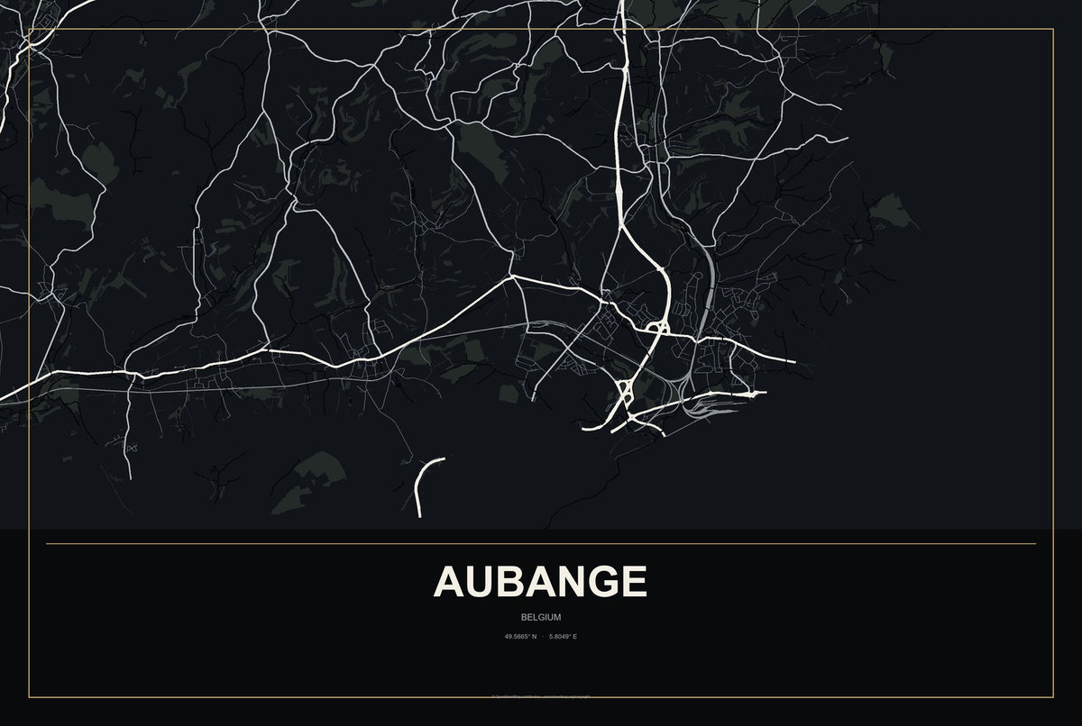 Aubange, Belgium City Map Aluminum Sign in Metropolitan Noir style