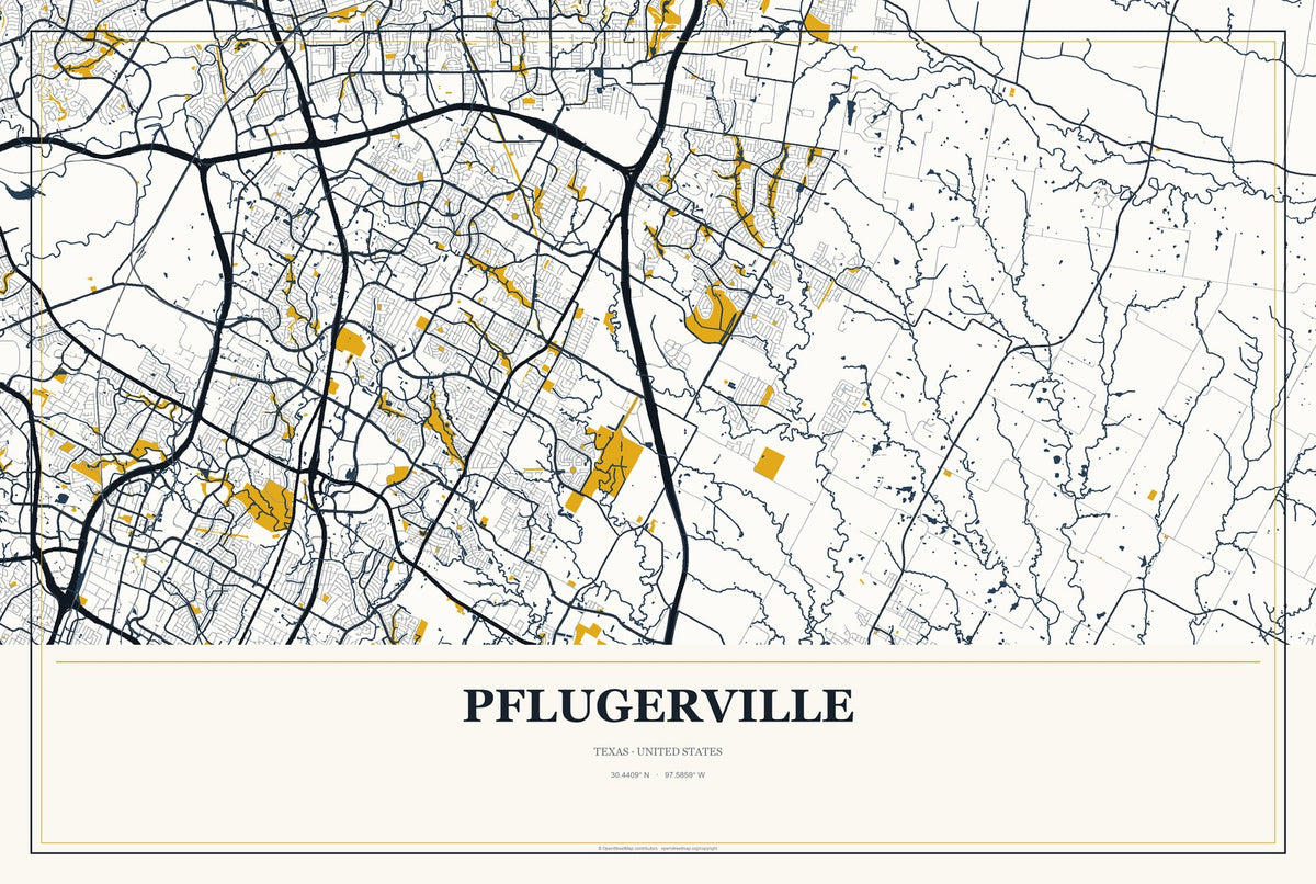 Pflugerville, Texas City Map Aluminum Sign in Citrine Modern style