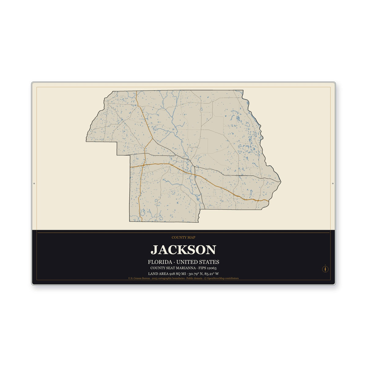 Jackson County, Florida Map Aluminum Sign in Museum Plaque style