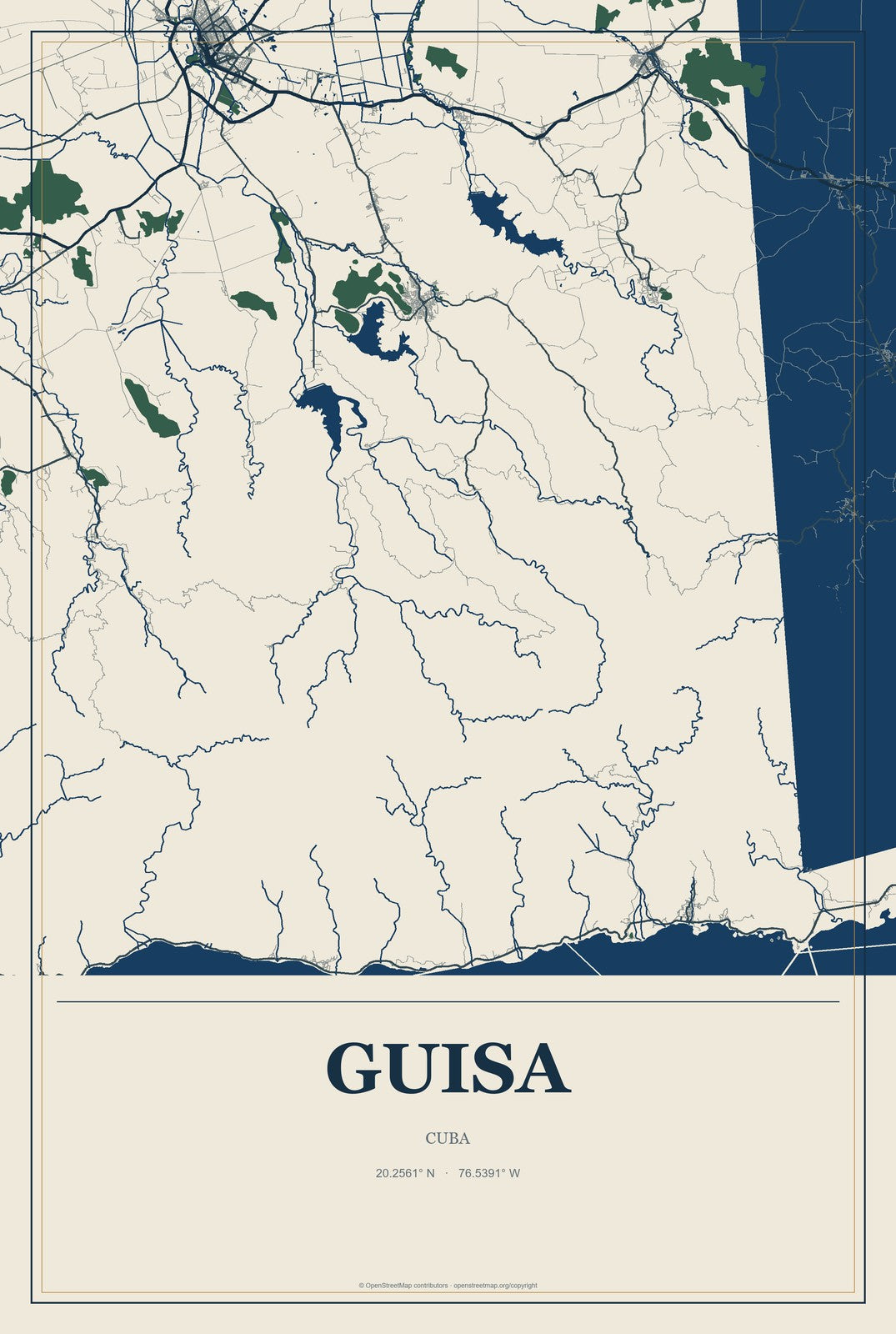 Guisa, Cuba City Map Aluminum Sign in Coastal Cutout style