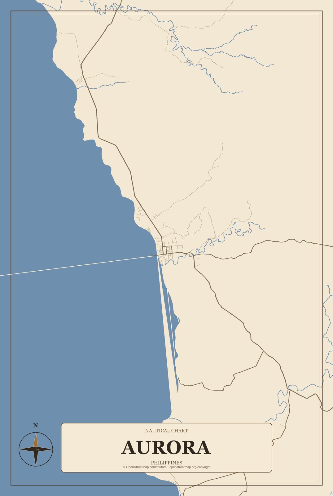Aurora, Philippines City Map Aluminum Sign in Heritage Nautical style