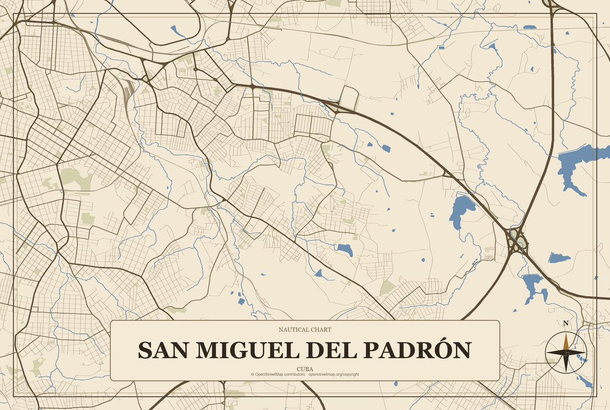 San Miguel del Padrón, Cuba City Map Aluminum Sign in Heritage Nautical style