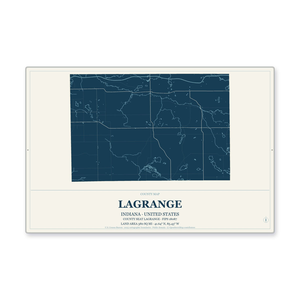 LaGrange County, Indiana Map Aluminum Sign in Coastal Cutout style
