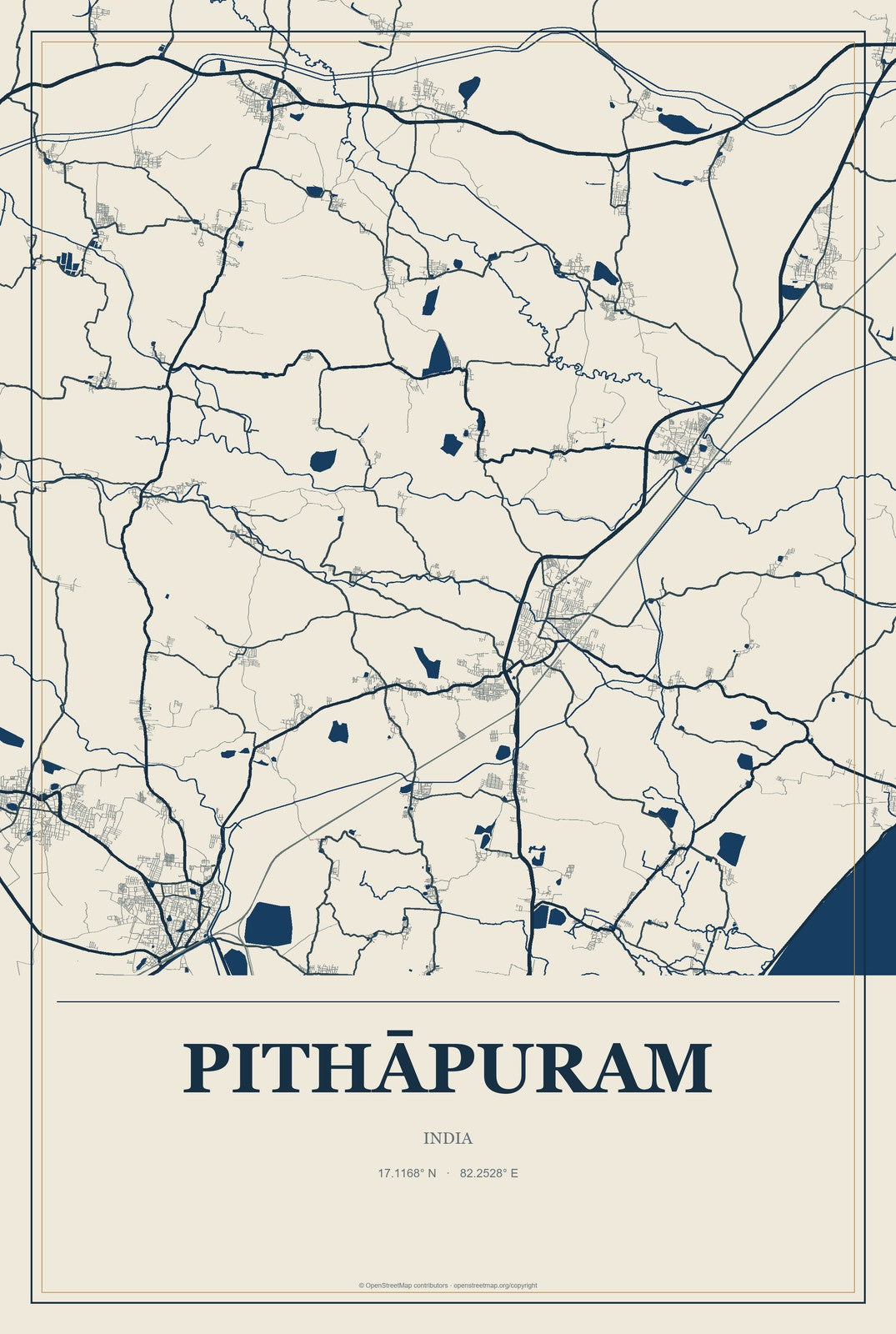 Pithāpuram, India City Map Aluminum Sign in Coastal Cutout style