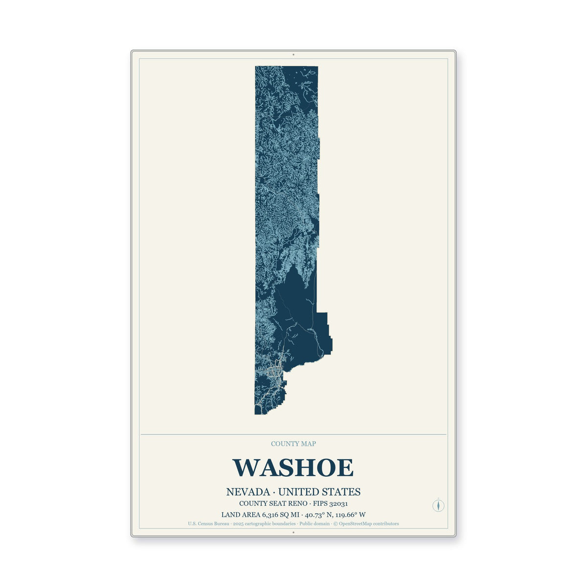 Washoe County, Nevada Map Aluminum Sign in Coastal Cutout style